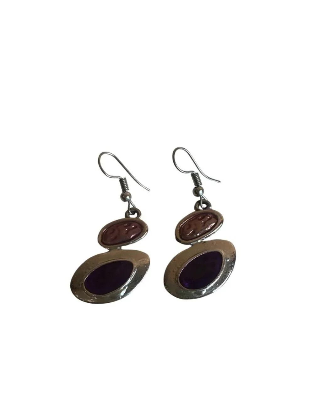 Silver Tone Purple Dangle Earrings Oval Design 2